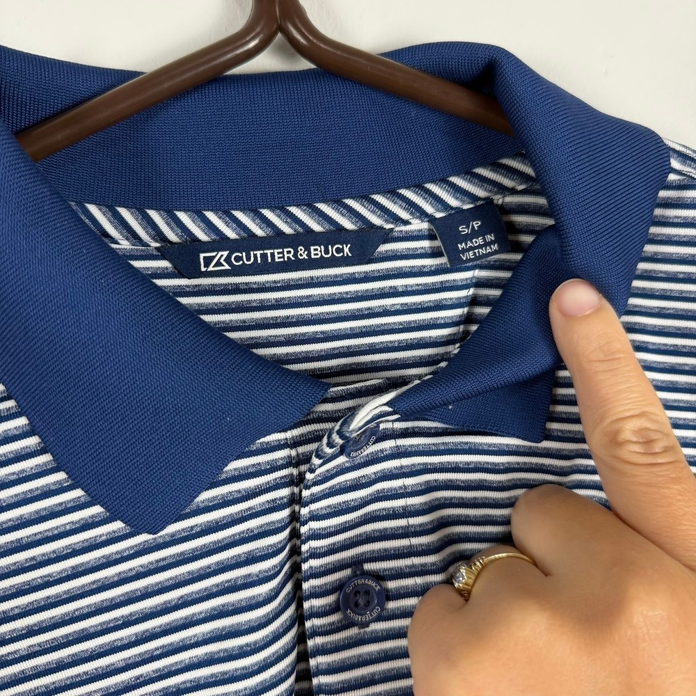 Cutter & Buck Mens Blue White Striped Polo Shirt Small Canadian Malartic - Picture 2 of 12